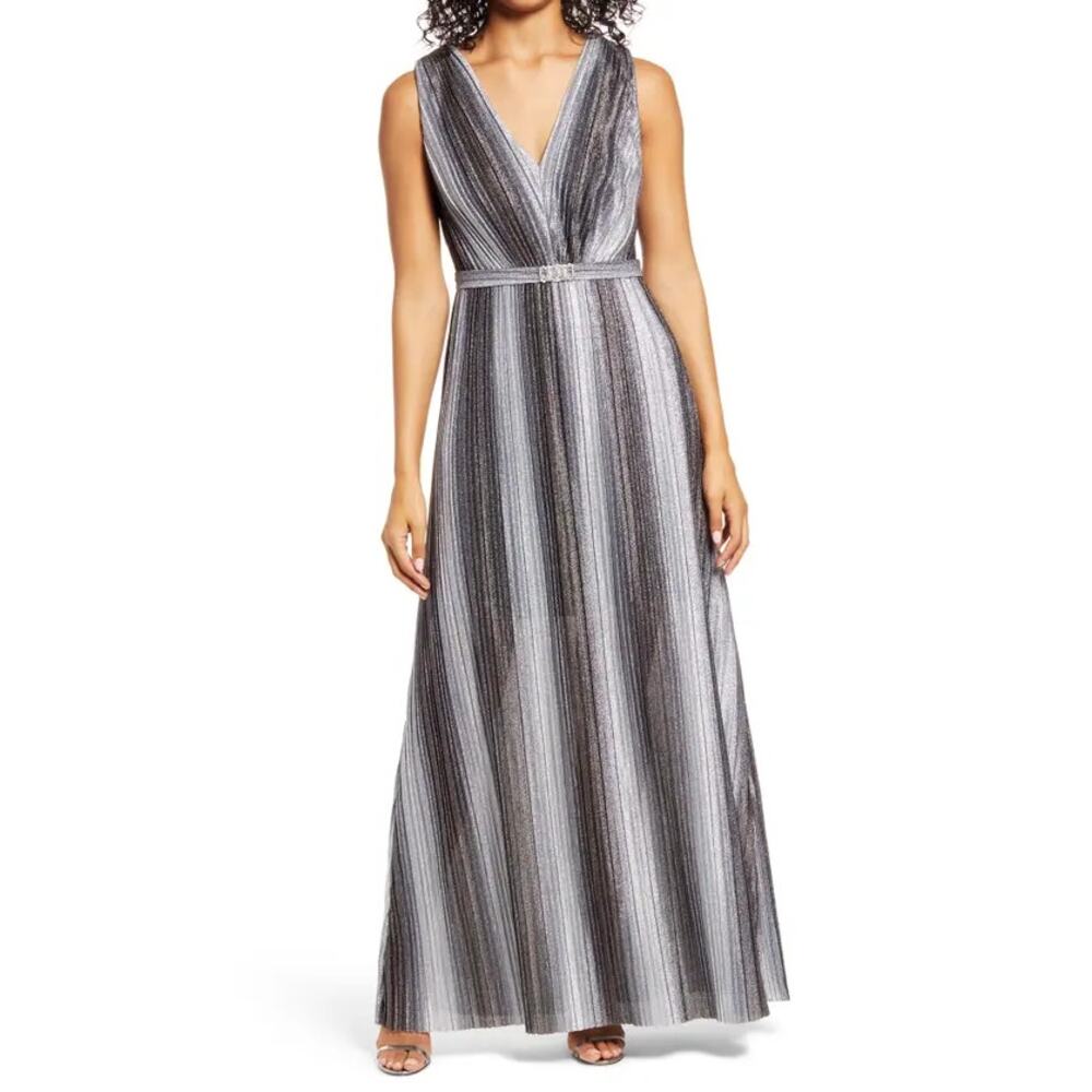 VINCE CAMUTO Women's Gunmetal Metallic Stripe Deep V-Neck Sleeveless Gown SZ 2